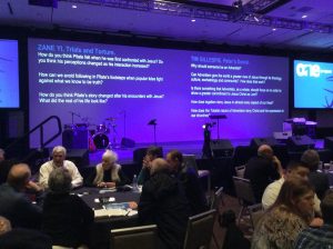 After a couple of presentations, discussion questions are projected on the screen for those of us at the tables to discuss.