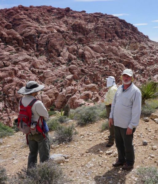 Figure 1. John McLarty (left) looks on while Gerald Bryant (right) describes an eroded Navajo Sandstone outcrop (Red Rock Canyon, NV). 